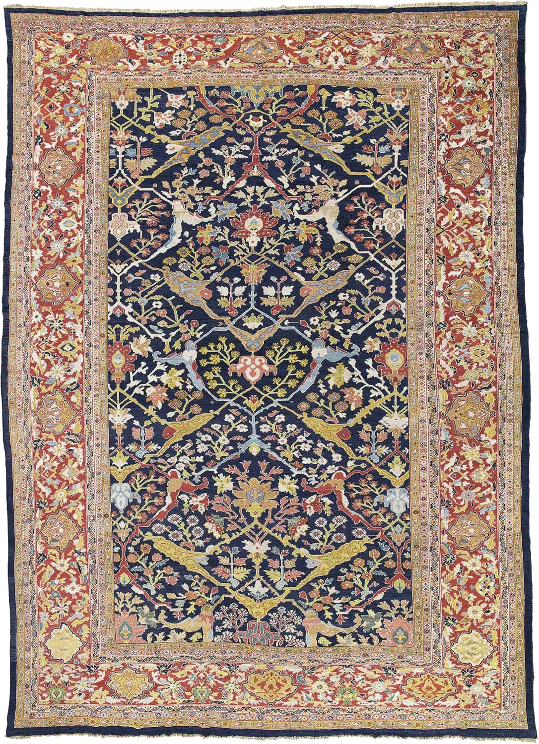 A large Sultanabad carpet of the type attributed to Ziegler & Co., circa 1880: an indigo field of interlocking arabesques and floral sprays, framed by a soft red border, in the muted Garrus design favoured for the European interior