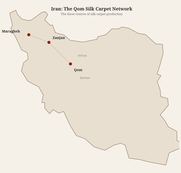 Map of Iran showing the three centres of silk carpet production: Qom, with weaving outsourced north-west to Zanjan and Maragheh