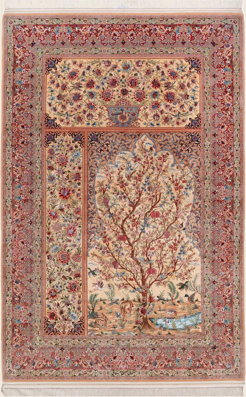The full carpet: a classical Isfahan composition set into three panels — a goldani flowering-vase band across the top, a Tree of Life beneath a lobed mihrab arch at lower right, and a tall Gol o Bolbol flower-and-bird panel down the left side — framed by a red and pistachio-green floral border.