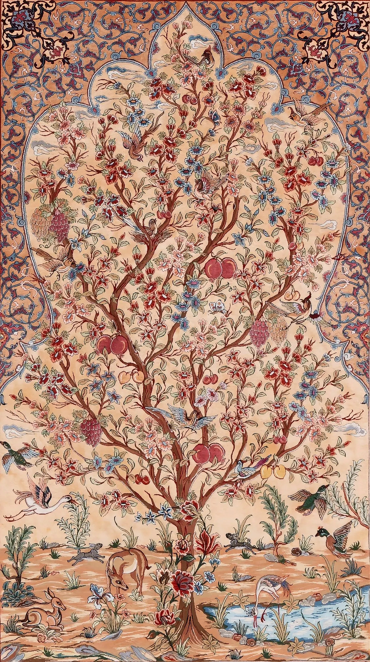 The Tree of Life panel in full, the blossoming tree set beneath a mihrab arch, birds among its branches and deer, hares and a wading bird at the watered ground below.