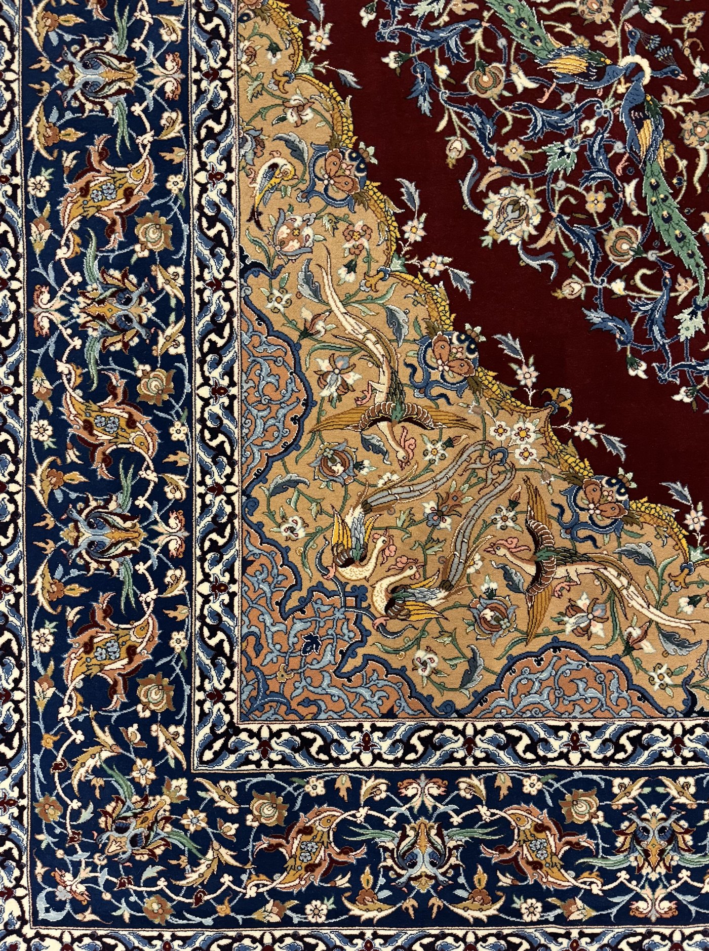 A corner of the carpet, the navy border and ivory guards meeting the tan corner-piece, where peacocks and birds are worked among flowering vine against the red field.
