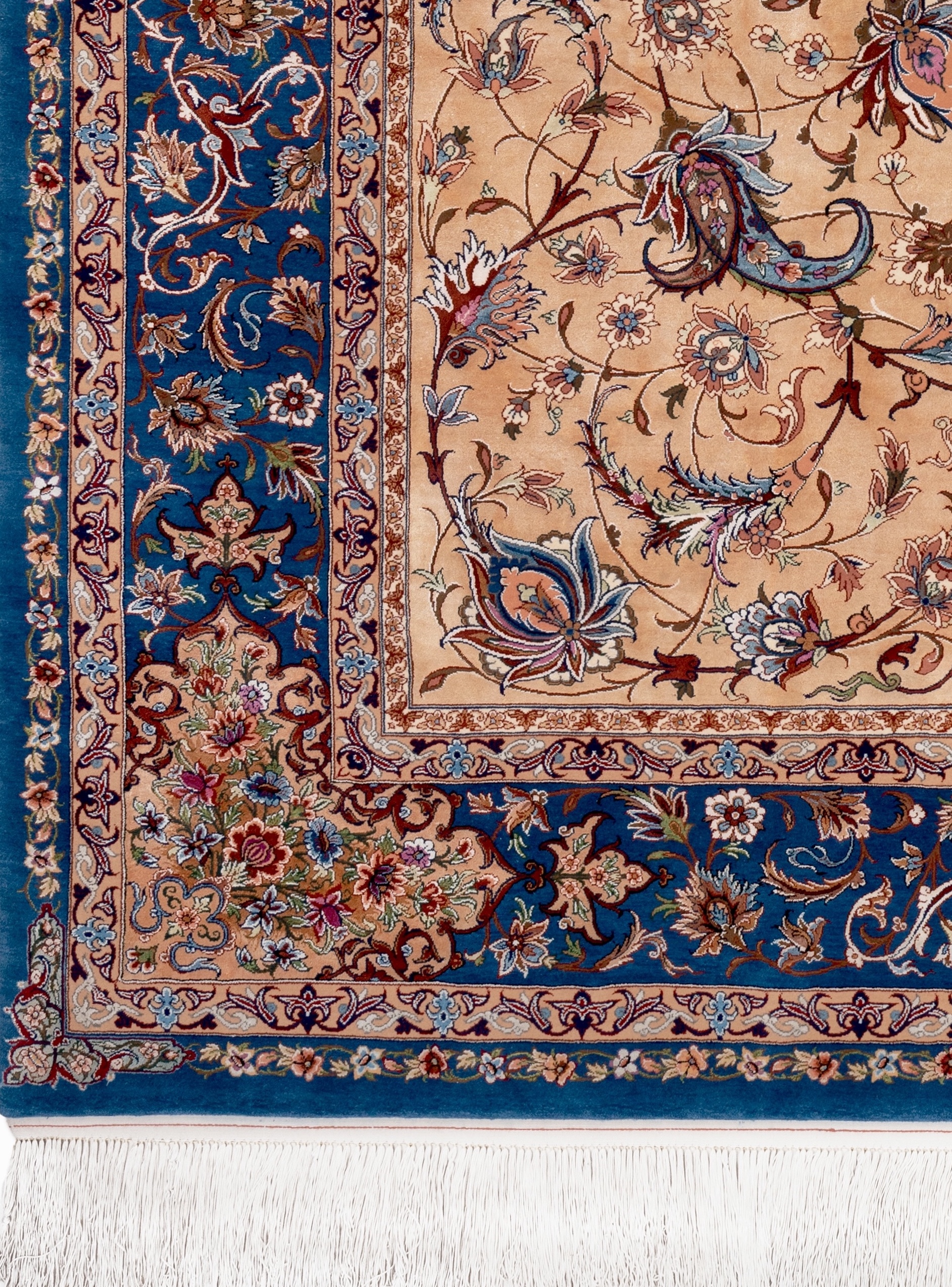 A corner of the Gold Field, showing the navy border with its floral scrollwork, the salmon guard band of rose garlands, and the gold silk field within.