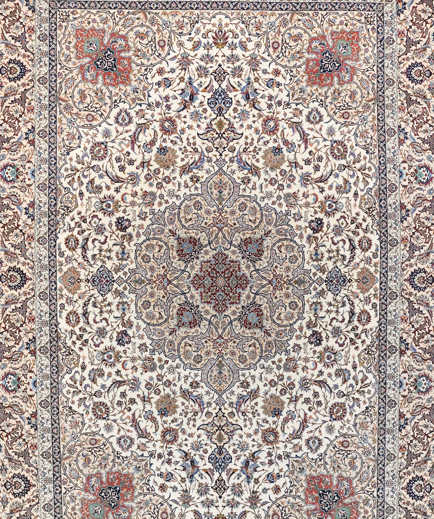 A matched pair of large ivory-ground Isfahan carpets by Ahmad Zojaji, each with a central medallion, rose corner medallions and a camel-and-navy border system.